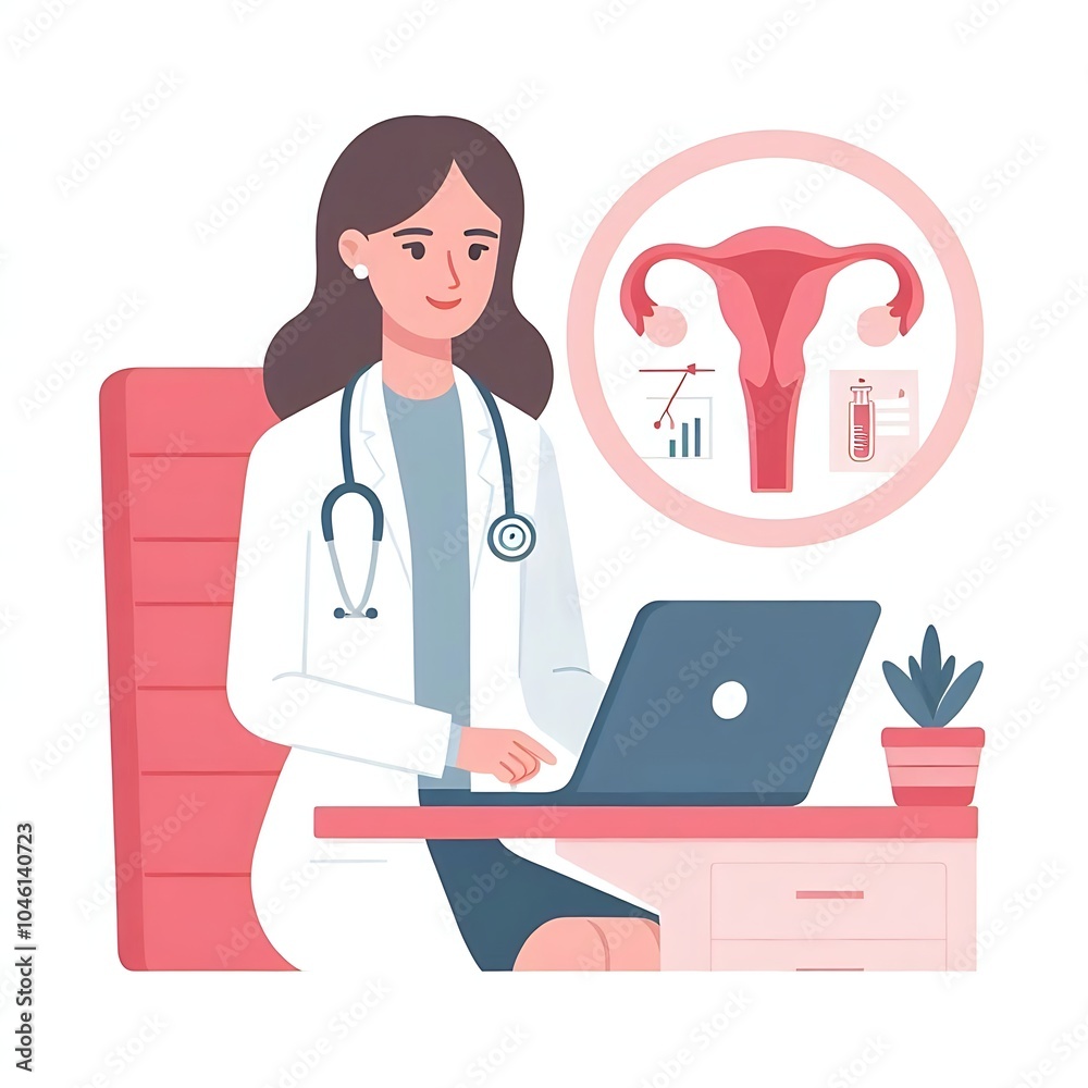 Fototapeta premium Flat, isolated illustration of a gynecologist wearing a lab coat, holding medical tools. The design features clean lines and a simple, professional appearance, ideal for healthcare-related visuals.
