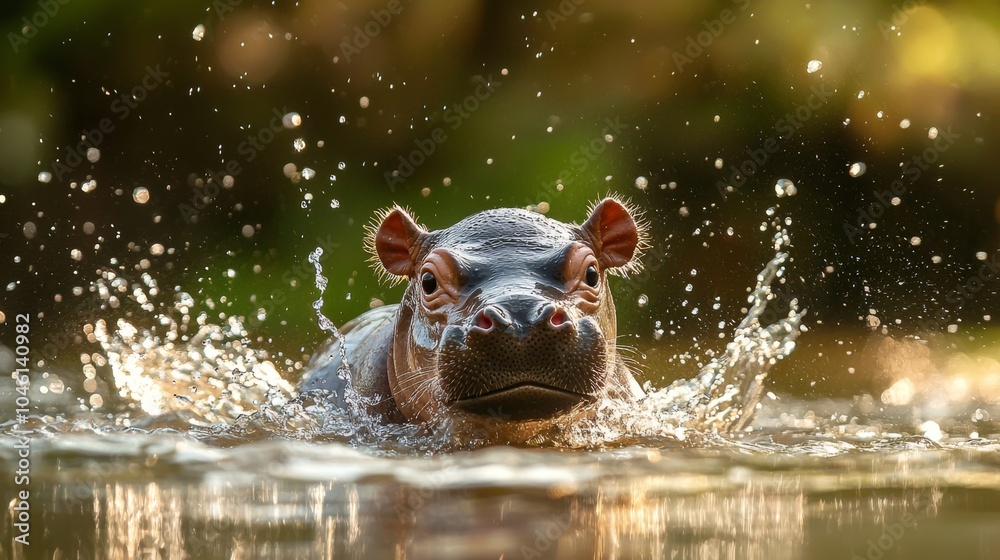 Fototapeta premium Friendly Pygmy hippo calf splashing in water
