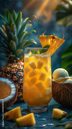 Tropical cocktail with pineapple on the beach surrounded by fresh fruits and flowers photo