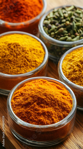 Closeup of bowls of assorted spices, including turmeric, paprika, and peppercorns.