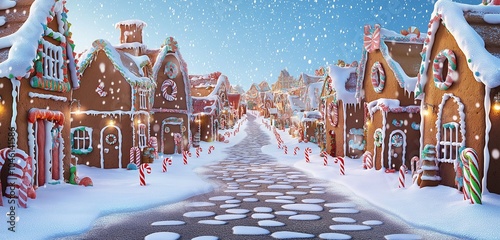 A magical Christmas village filled with gingerbread houses of all shapes and sizes, decorated with colorful candy canes, gumdrop pathways, and snowy icing rooftops.  photo