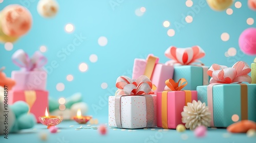 Colorful gift boxes and festive decorations with bokeh lights for celebratory occasions