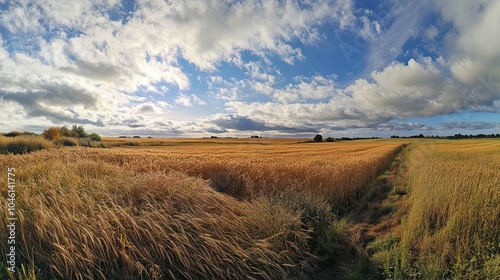 A panoramic view of a golden wheat field under a bright blue sky with fluffy white clouds.