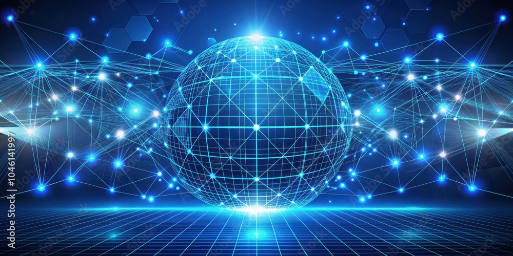 A glowing blue sphere, a network of lines, and a grid of connected dots, representing interconnectedness and technological advancement. A glowing blue sphere, a network of lines, and a grid of connected dots, representing interconnectedness and technological advancement.