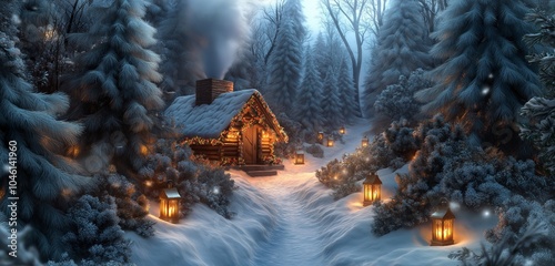 A magical, snowy forest with a hidden path leading to a small, cozy cabin decorated for Christmas. The cabin glows warmly, with smoke rising from the chimney,