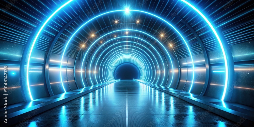 Futuristic hallway with glowing blue neon circles and a wet reflective floor, leading to a bright light at the end of a tunnel Futuristic hallway with glowing blue neon circles and a wet reflective floor, leading to a bright light at the end of a tunnel