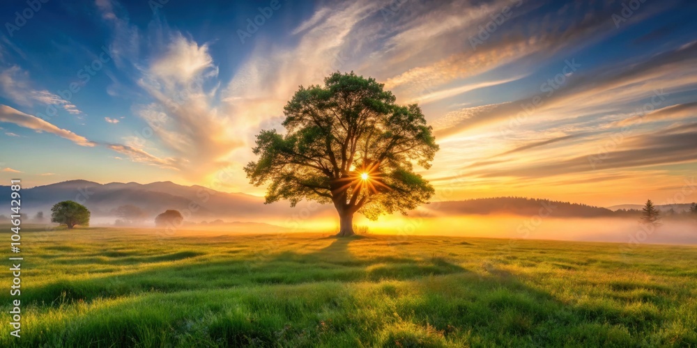 A Solitary Tree Stands Tall Against a Breathtaking Sunrise, Casting a Long Shadow Across the Misty Meadow A Solitary Tree Stands Tall Against a Breathtaking Sunrise, Casting a Long Shadow Across the Misty Meadow