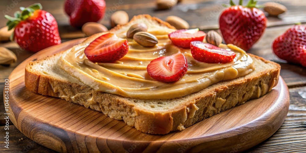 A slice of bread spread with peanut butter, topped with fresh strawberries and nuts, resting on a wooden cutting board A slice of bread spread with peanut butter, topped with fresh strawberries and nuts, resting on a wooden cutting board