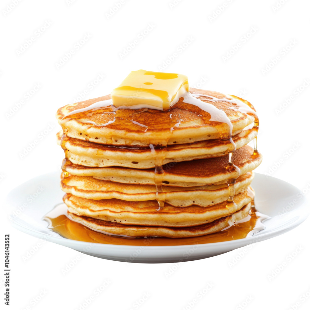 Fluffy pancake stack with melting butter and drizzled maple syrup, inviting breakfast treat, perfect for a cozy morning meal Fluffy pancake stack with melting butter and drizzled maple syrup, inviting breakfast treat, perfect for a cozy morning meal