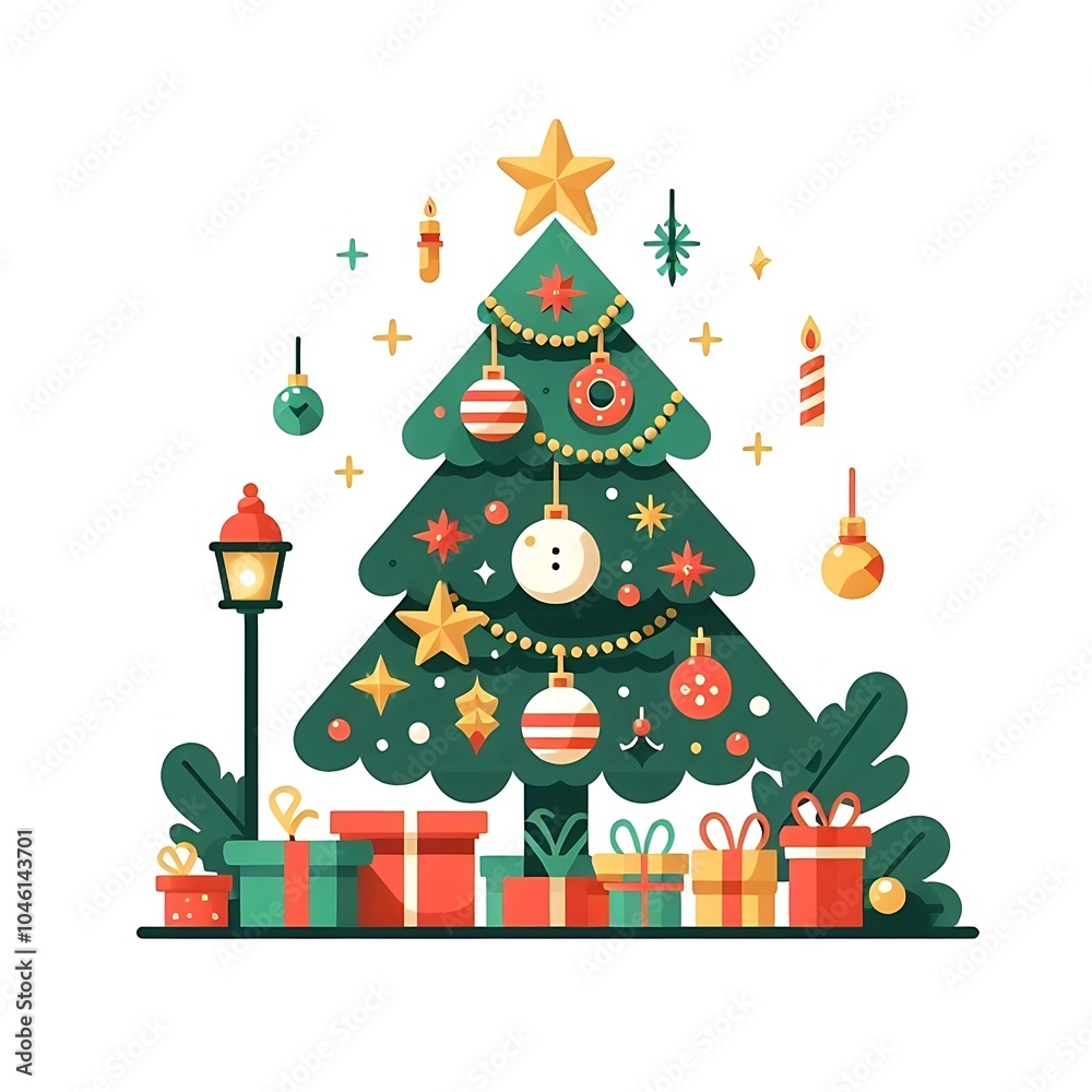 Naklejka premium Flat, isolated illustration of a festive Christmas tree adorned with colorful ornaments, lights, and a shining star on top. The tree has a classic triangular shape and vibrant green branches. 
