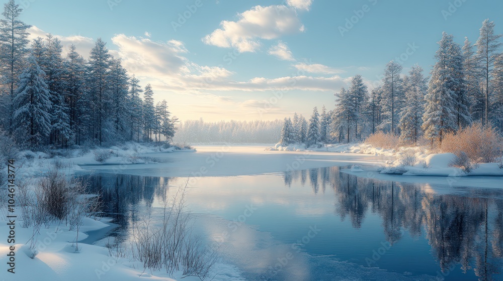 Fototapeta premium a serene winter landscape with snow-covered trees and a frozen lake.