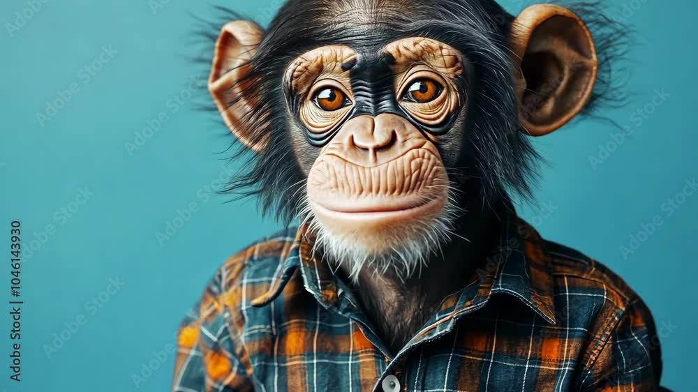 A chimpanzee wearing a plaid shirt looks directly at the camera with a slight smile