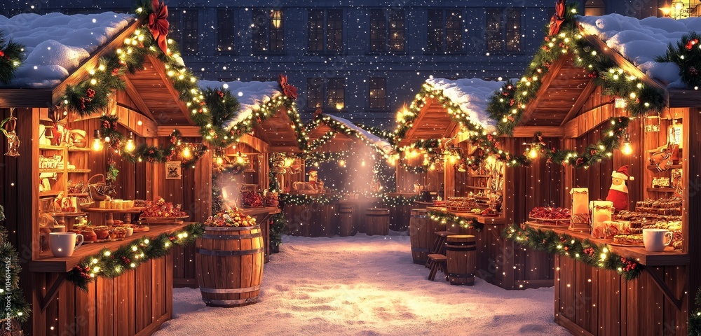 Fototapeta premium A picturesque Christmas market scene, with wooden stalls decorated with garlands and fairy lights. Snow gently falls over the festive decorations.