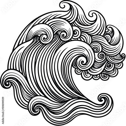 Intricate line art of abstract scrolling waves, perfect for adult colouring books and stress relief activities.