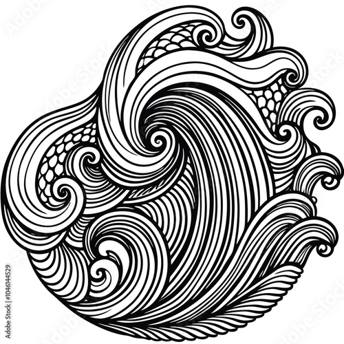 Intricate line art of abstract scrolling waves, perfect for adult colouring books and stress relief activities.