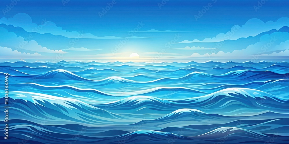 A serene vista of the vast ocean, with rolling waves reaching towards a luminous sky adorned with fluffy clouds