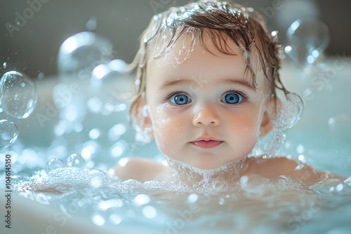 A baby having a bath, splashing water with bubbles around them.