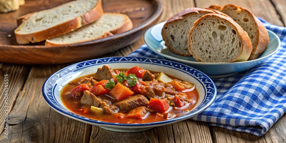 A rustic and hearty bowl of stew with meat, vegetables, and a side of crusty bread A rustic and hearty bowl of stew with meat, vegetables, and a side of crusty bread