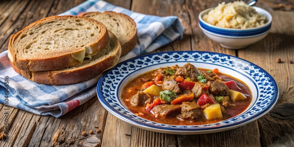 A hearty bowl of stew with chunks of meat, potatoes, and peppers, served with slices of crusty bread and a side of rice A hearty bowl of stew with chunks of meat, potatoes, and peppers, served with slices of crusty bread and a side of rice