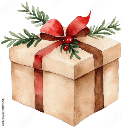 Christmas watercolor gift box with red ribbon and green foliage, rustic and festive design. cut out, png, transparent background.
