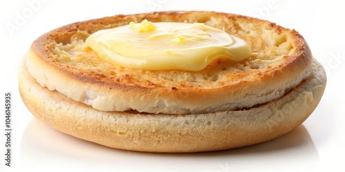 A freshly baked, toasted English muffin with a generous pat of butter, creating a simple but delicious breakfast treat