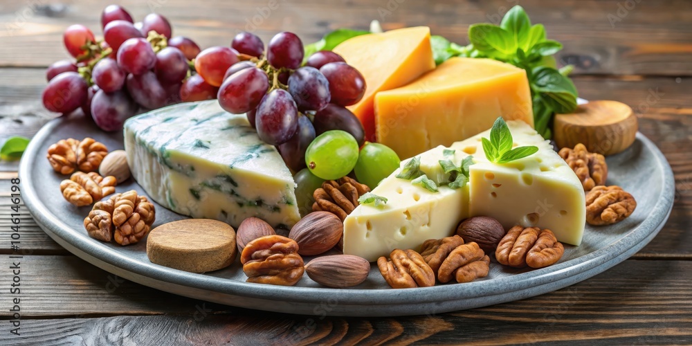 A Rustic Tabletop Still Life Featuring a Selection of Cheeses, Grapes, and Nuts on a Gray Plate A Rustic Tabletop Still Life Featuring a Selection of Cheeses, Grapes, and Nuts on a Gray Plate