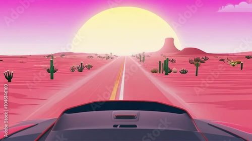 playful animation pink world road car driving desert landscape adorned cactuses captured firstperson perspective seamless loop all presented stunning 4K resolution art birthday party photo