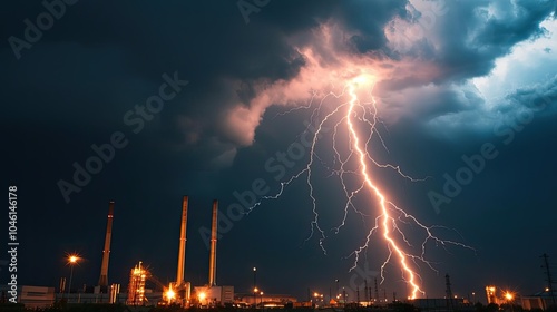 Dramatic lightning strikes over an industrial landscape during a storm.