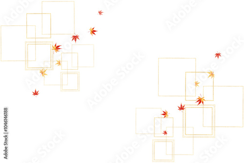 舞うカエデ、紅葉、秋、金色の線の構成　日本文化　日本の伝統　背景素材（アブストラクト）透明の背景