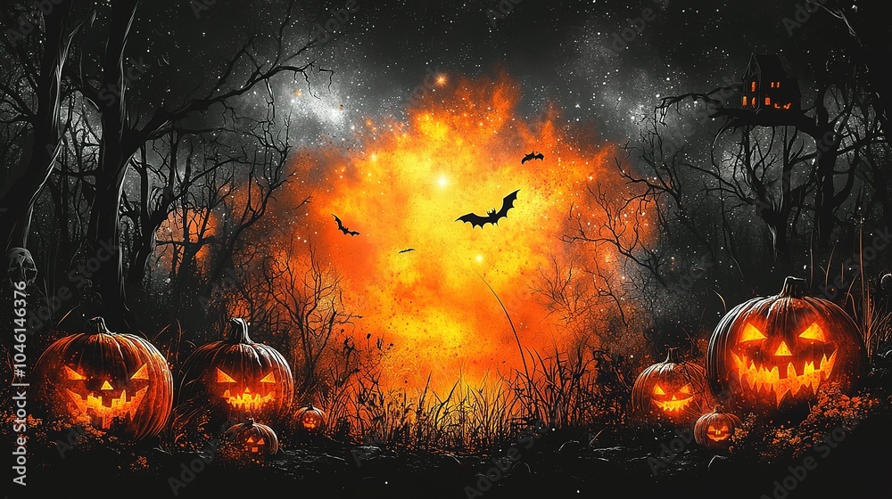 Glowing Jack-o'-Lanterns in a Spooky Forest with a Burning Portal Glowing Jack-o'-Lanterns in a Spooky Forest with a Burning Portal