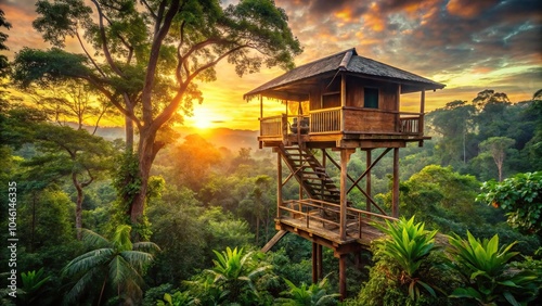 Sunset view of a wooden treehouse in the jungle and tropical rainforest