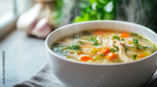 Comfort food concept,bowl of steaming chicken soup filled with tender chicken,fresh herbs,and vibrant vegetables is displayed on a table in a cozy kitchen,inviting warmth and comfort,copy space