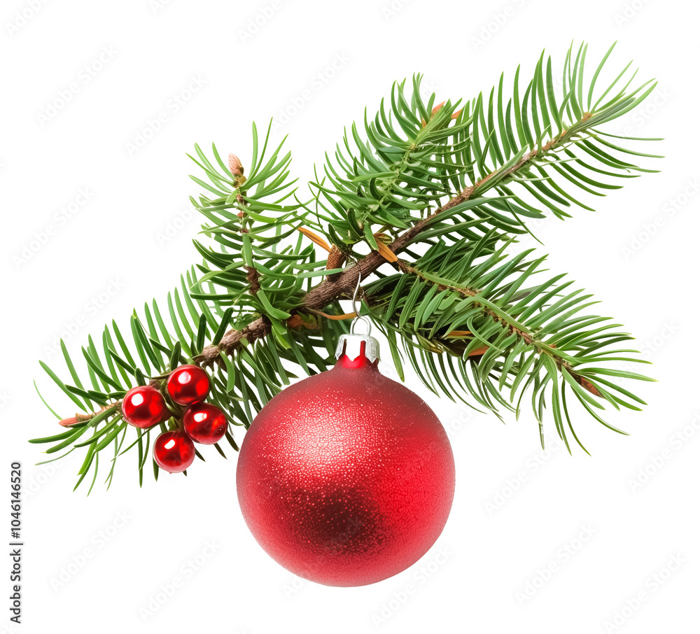 Fototapeta premium Red Christmas balls with spruce branch. Isolated transparent png background. 