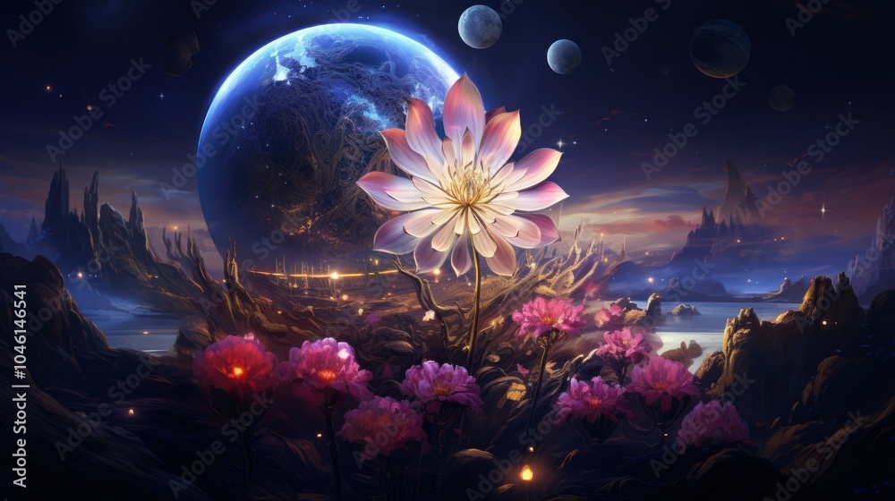 Obraz premium Fantasy Landscape with Blooming Flowers and a Giant Planet