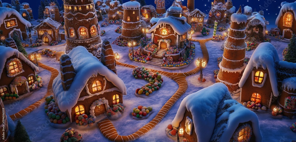 Fototapeta premium A sprawling Christmas village built entirely from gingerbread, with tall towers and sugar windows. 