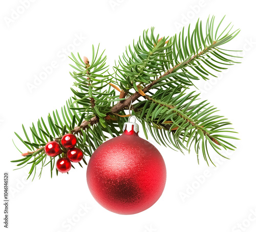 Red  Christmas balls with spruce branch. Isolated transparent png background.	
