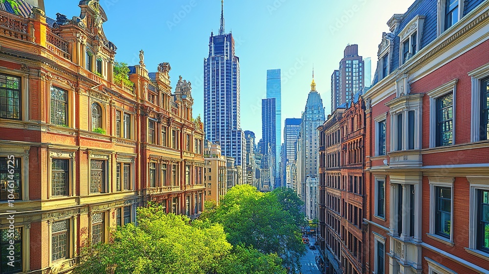 Fototapeta premium A City Street Lined With Brick Buildings and Skyscrapers