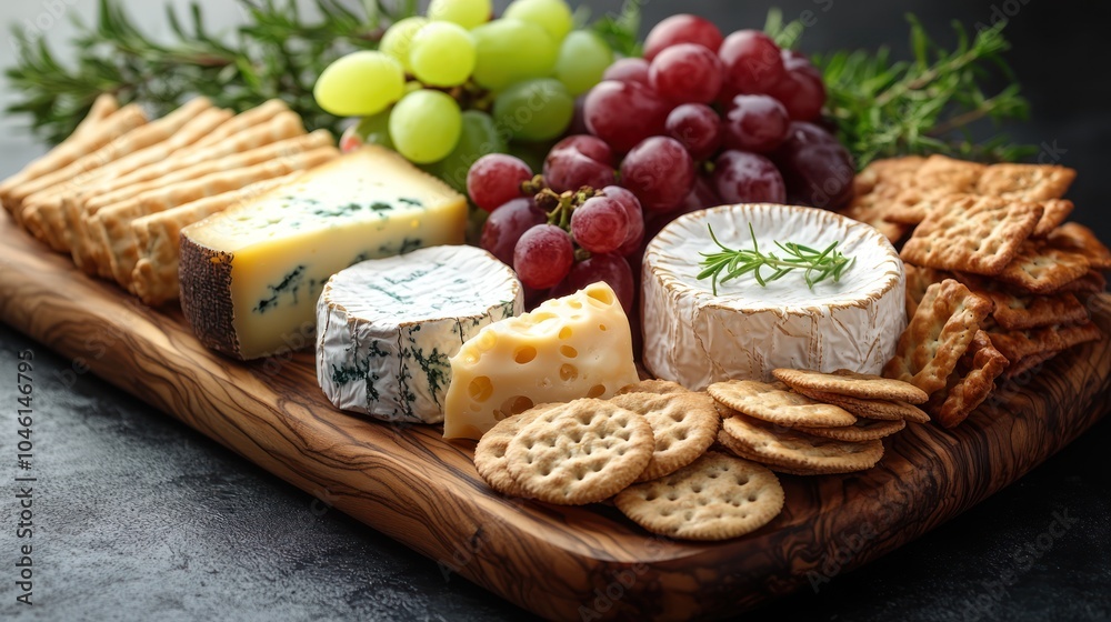 A wooden cutting board filled with assorted cheeses, grapes, and crackers. A wooden cutting board filled with assorted cheeses, grapes, and crackers.