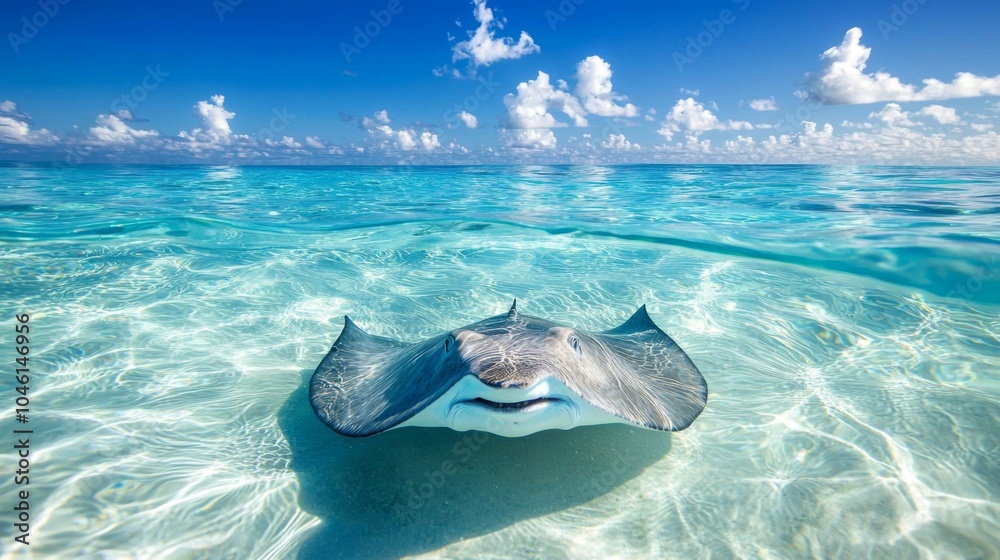 Fototapeta premium Smiling Stingray gliding through clear waters