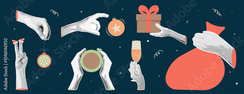 New year, Christmas celebration. Set of halftone hands holding gift box, cup of coffee, wine, toy and more. Trendy retro collage and newspaper elements. Holiday concept on dark background