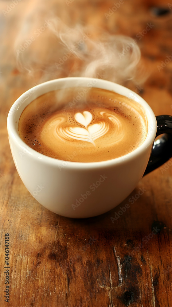 Steaming cup of cappuccino with latte art on a wooden table. Steaming cup of cappuccino with latte art on a wooden table.