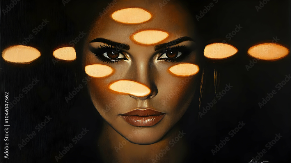 Woman's face in shadow with light shapes over her eyes and nose. Woman's face in shadow with light shapes over her eyes and nose.