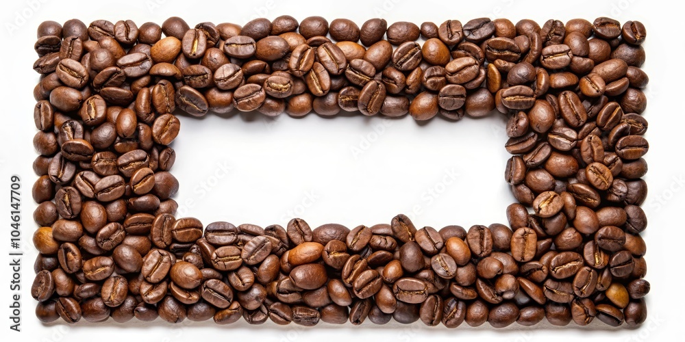 A rectangular frame made from roasted coffee beans on a white background. The beans are arranged in a tight pattern, creating a visual impact and a sense of texture. A rectangular frame made from roasted coffee beans on a white background. The beans are arranged in a tight pattern, creating a visual impact and a sense of texture.