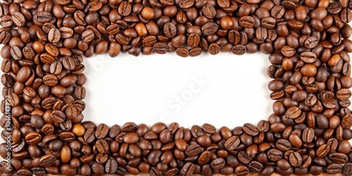 A close-up of roasted coffee beans arranged in a rectangle on a white surface, leaving an empty center for text or a design.