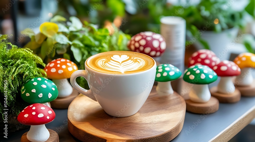 A cup of latte with heart foam art placed among vibrant, decorative mushrooms and greenery, creating a whimsical and cozy scene. A cup of latte with heart foam art placed among vibrant, decorative mushrooms and greenery, creating a whimsical and cozy scene.