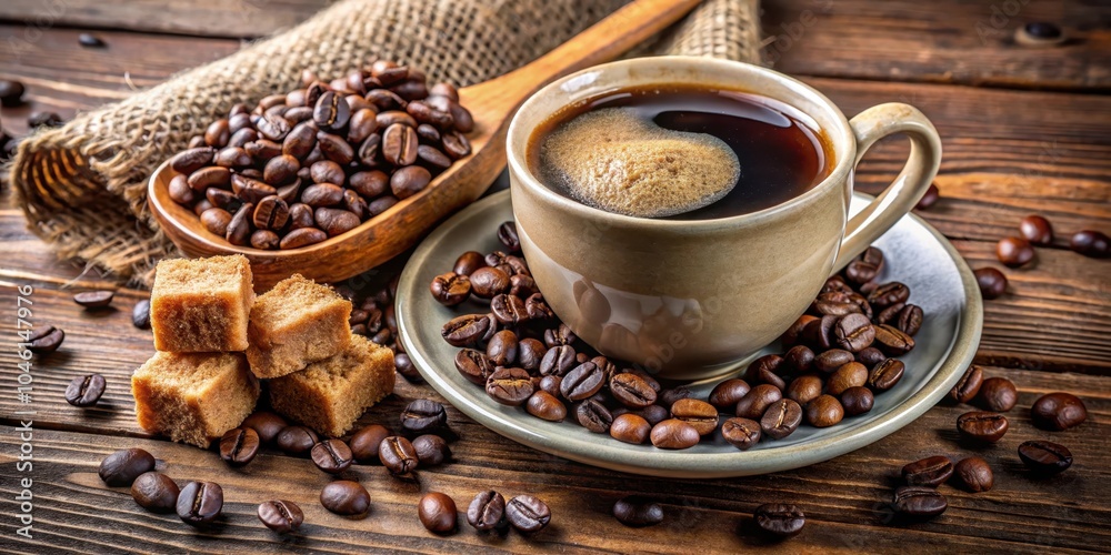 A steaming cup of coffee surrounded by roasted coffee beans and brown sugar cubes on a rustic wooden surface.