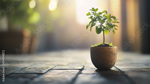 Young Plant Growing in a Decorative Pot