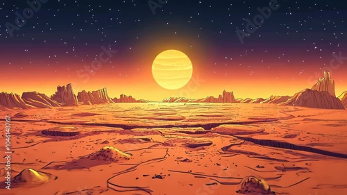 A vibrant alien landscape at sunset, showcasing a distant planet and rocky terrain.