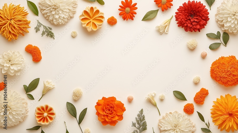 Obraz premium Floral arrangement with orange and white flowers on cream background