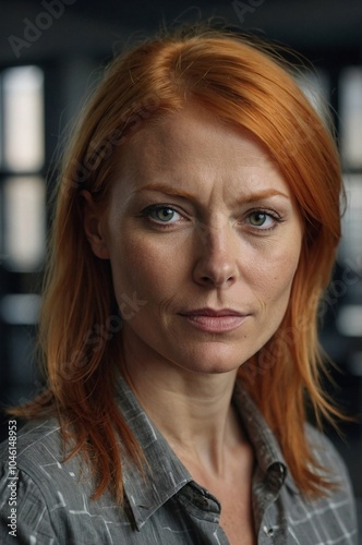 Close up cinematic portrait of orange haired woman in office, corporate businesswoman photo